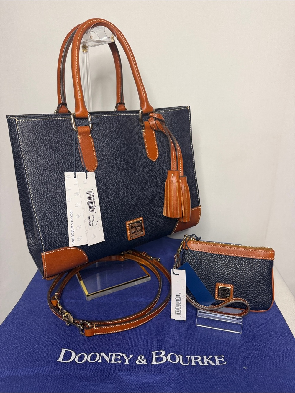 NWT Dooney & Bourke Pebble Grain Satchel & Matching Wristlet Set Midnight Blue